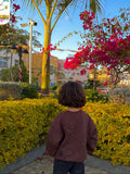 Child standing on a sidewalk with flowers and trees in the background