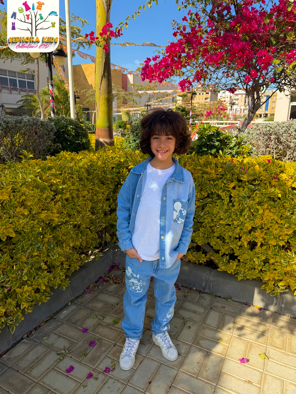 Shirt with a collar and jeans pants       طقم جينز ميكي اولادي
