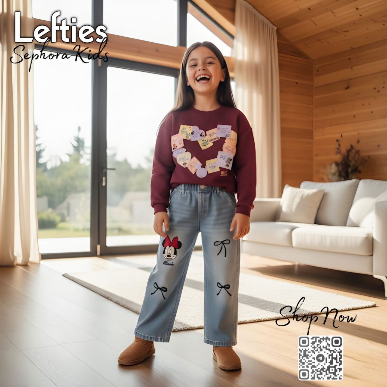 Child wearing a maroon sweater with a heart design and light blue jeans with bow patterns, standing in a modern living room.