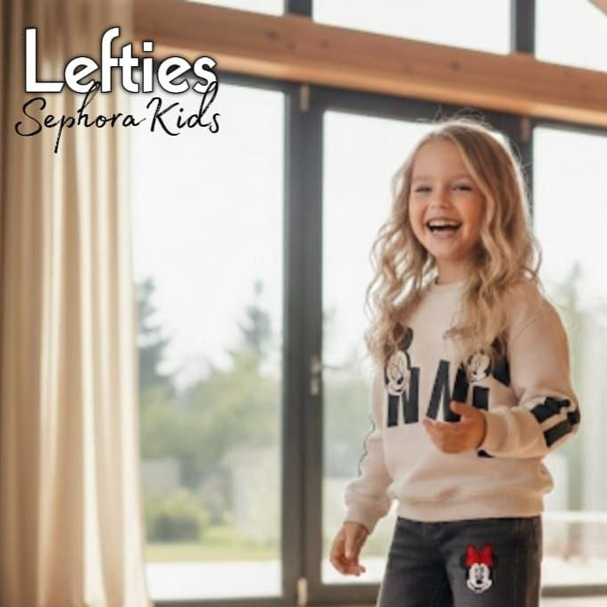 Child in a living room wearing a 'Lefties' outfit with a QR code for 'Sephora Kids'.