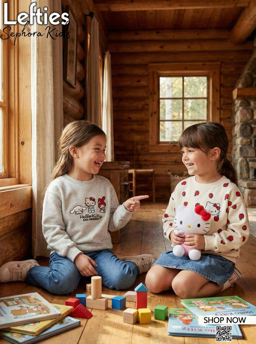 Two children playing with toys in a cozy wooden cabin, wearing Hello Kitty-themed clothing.