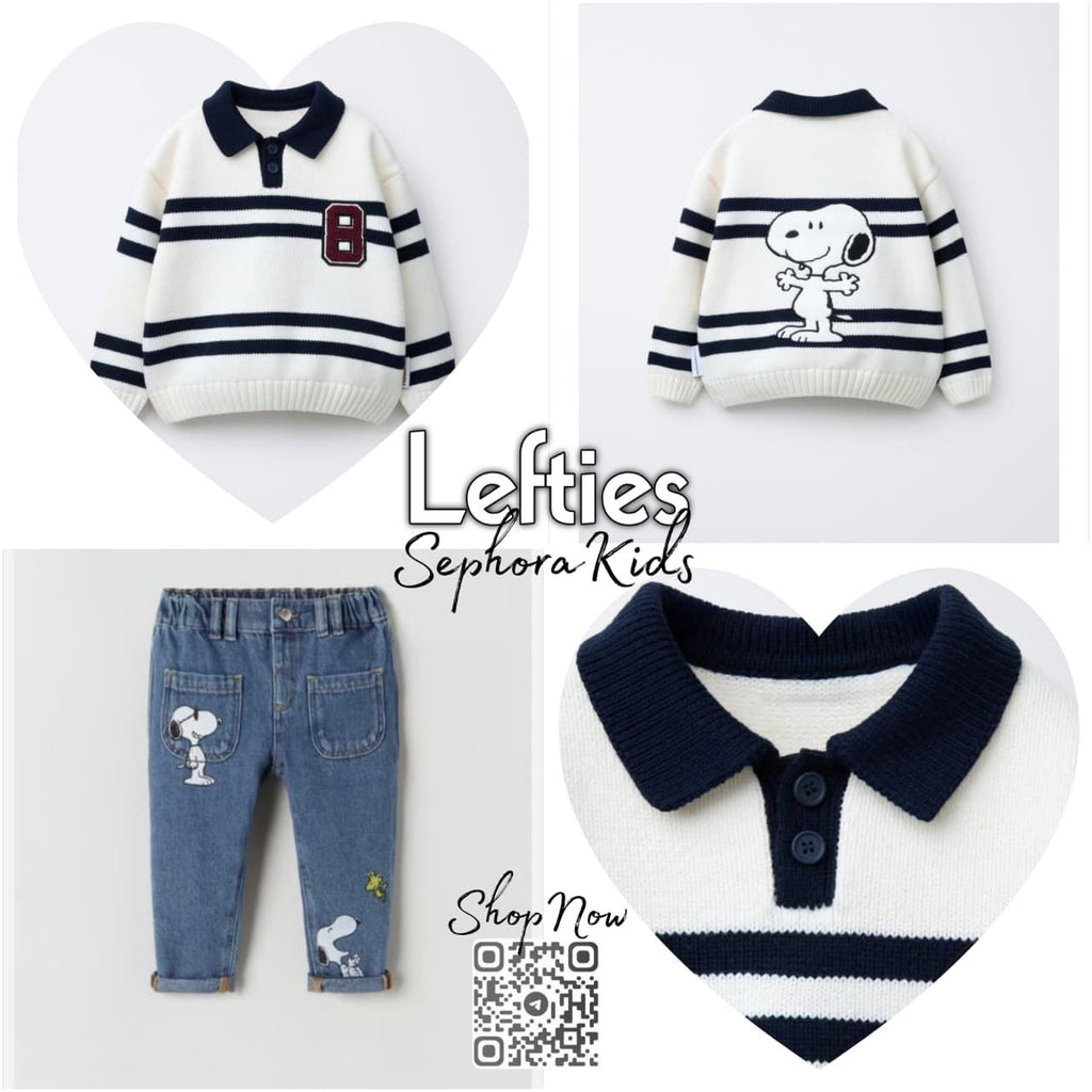 Children's clothing set with striped sweater, jeans, and polo shirt featuring Snoopy on a white background.