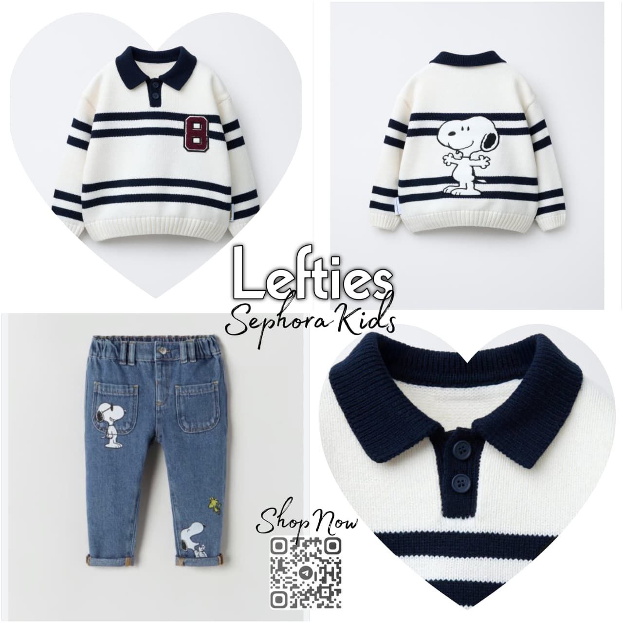 Children's clothing set with striped sweater, jeans, and polo shirt featuring Snoopy on a white background.