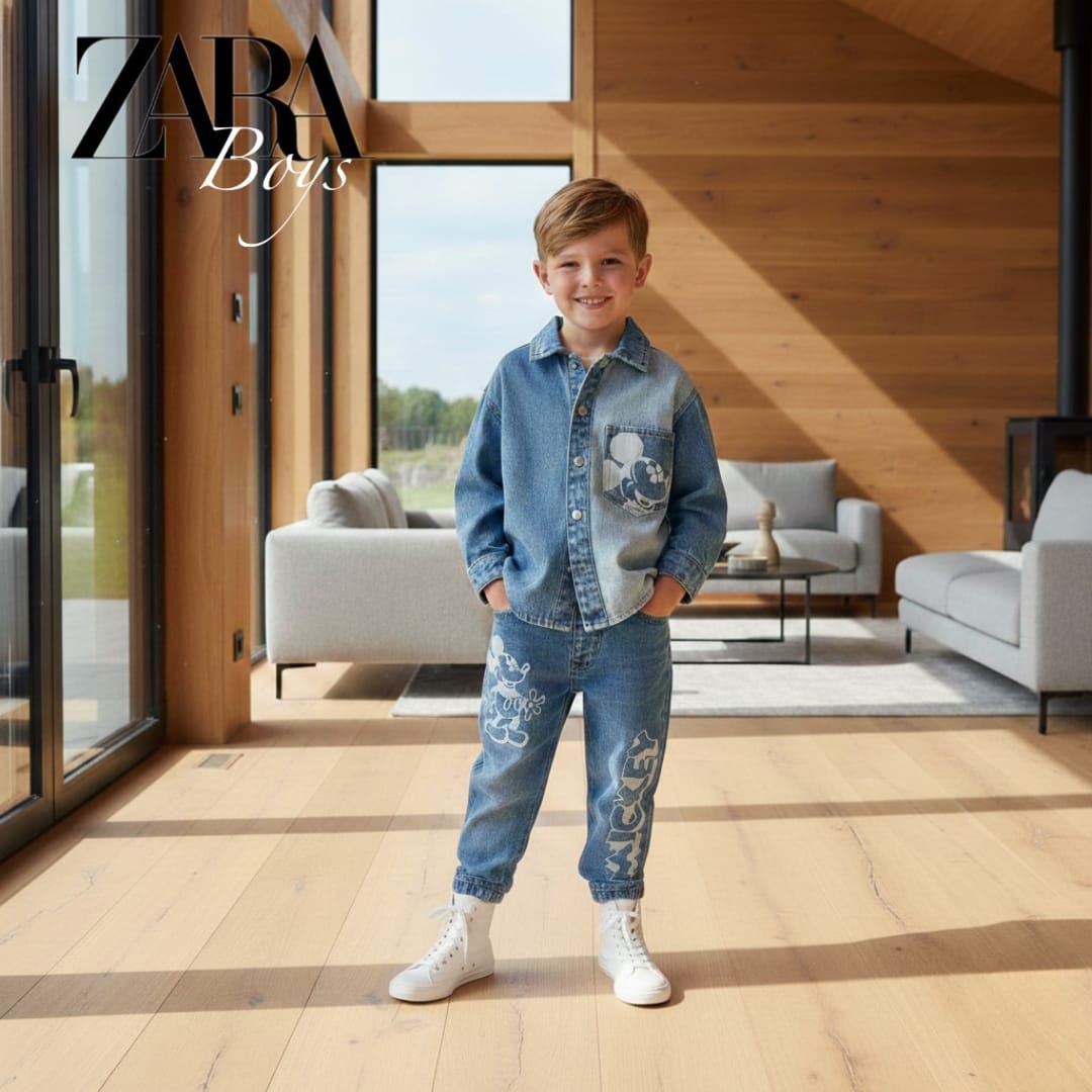 Child wearing a denim outfit with 'Zara Boys' branding in a modern living room.