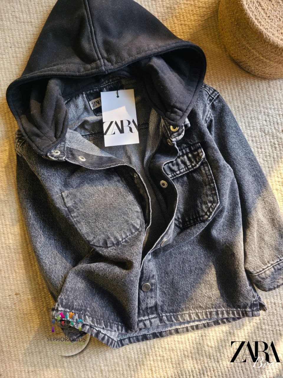 Zara Jacket and Black denim shirt with a hood   قميص جينز أسود مزود بغطاء رأس مريح