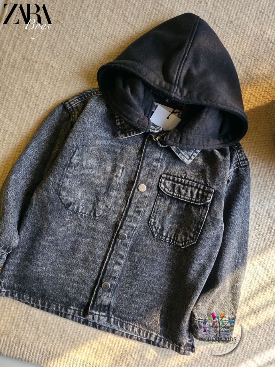 Zara Jacket and Black denim shirt with a hood   قميص جينز أسود مزود بغطاء رأس مريح
